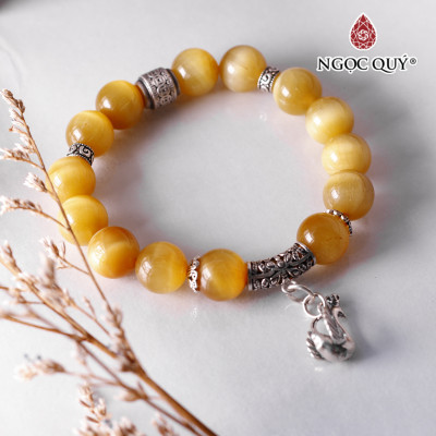 Vòng tay đá mắt hổ vàng tâm mix charm bạc thiên nga mệnh thổ , kim - Ngọc Quý Gemstones
