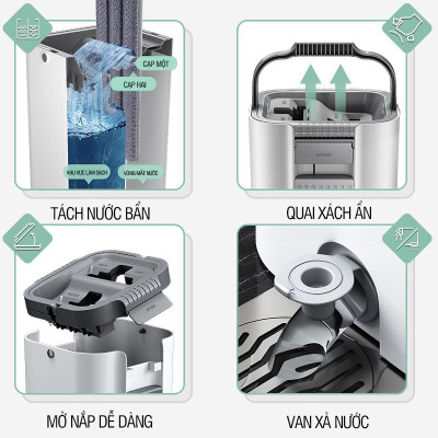 Bộ lau nhà GOSO Plus có thùng lau nhà 2 ngăn tự vắt, cây lau nhà xoay 360 độ giúp lau sàn làm sạch