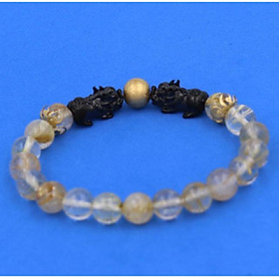 Vòng đeo tay Thạch Anh Tóc Vàng Size 8 ly - Vòng tay Tỳ Hưu Đôi inox đen VTATVTHHEV8 - hợp mệnh Kim, mệnh Thổ