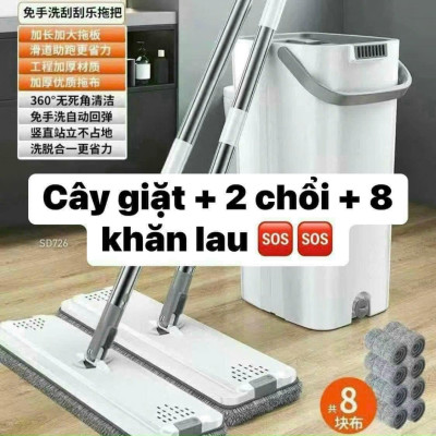 Cây lau nhà tự vắt thông minh, bộ lau nhà (1 thùng + 2 cây lau + 8 bông lau) đầu xoay 360 độ cao cấp