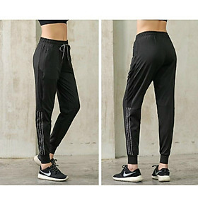 Quần jogger phối lưới sọc trắng tập gym thể thao yoga nữ