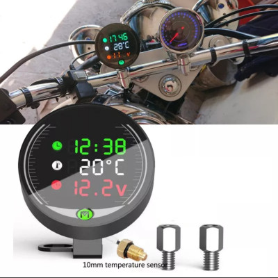 Đồng hồ báo giờ xe máy 3in1 CTR, báo nhiệt độ, vôn ắc quy mẫu mới loại tốt gắn các loại xe hàng cao cấp, phụ kiện xe máy