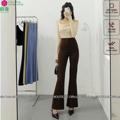 Quần ống rộng Hiền Trần BOUTIQUE lưng cạp cao 1 cúc baggy vải nữ dài suông loe culottes màu đen nâu cafe