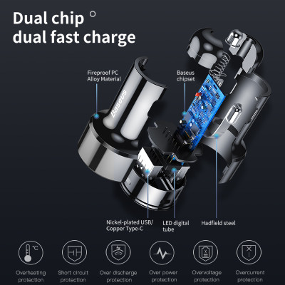 Tẩu củ sạc nhanh đa năng cho xe hơi / xe ô tô trang bị cổng Type-C PD và USB hiệu Baseus Aurora trang bị đen LED hiển thị thông số sạc (Công suất 45W - 6A, Quick Charge 3.0 / Quick Chagre 4.0, sạc nhanh PD) - Hàng chính hãng