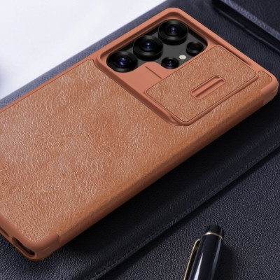 Bao da chống sốc ngăn đựng thẻ card cho Samsung Galaxy S25 Ultra / S25 Plus hiệu Nillkin Qin Pro - Da PU cao cấp, Viền TPU, sang trong, nắp trượt bảo vệ camera - Hàng nhập khẩu