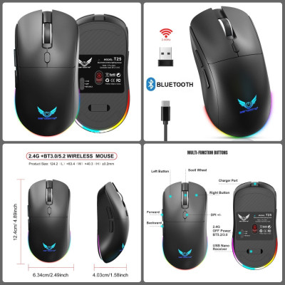 Chuột Led Không Dây Pin sạc T25 Gaming Cổng sạc TypeC chống mỏi cổ tay cho máy tính laptop hàng nhập khẩu