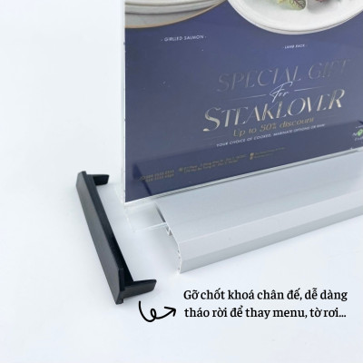 Kệ menu nhà hàng, Standee mica để bàn, Bảng quét mã QR Code, Kệ mica 2 mặt Enter E34 210x150mm đế nhôm A5 ngang