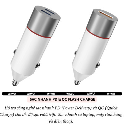 Tẩu củ sạc nhanh xe hơi ô tô PD 60W 2 Type-C USB-A QC3.0 hiệu WIWU Mars cho iphone 16 15 14 13 12 iPad Vivo Oppo samsung Macbook - hàng nhập khẩu