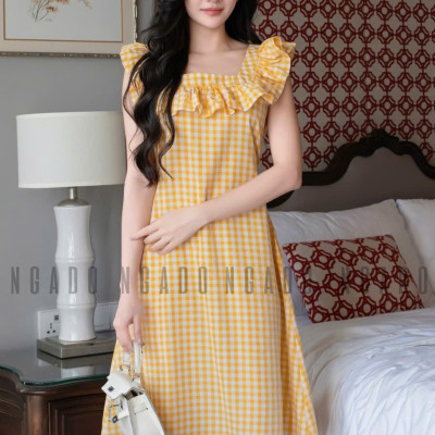 Đầm caro vàng phối cổ nhún NGADO , đầm caro , đầm kẻ , đầm dạo phố