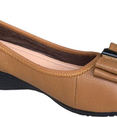 Giày đế xuồng nữ 3cm Trường Hải  đính nơ xinh da bò mềm mại màu vàng thời trang , đế xuống cao su DX0132