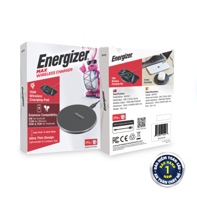Đế sạc không dây Energizer Qi 15W WCP107, bảo hành 12 tháng 1 đổi 1 - Hàng chính hãng