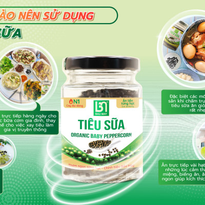 Tiêu Sữa Organic Bầu Mây 35g - Cay cấp độ 1 với độ cay dịu dàng, tươi non, giòn mềm, đậm đà, giúp kích thích vị giác, giúp ăn ngon miệng hơn, cải thiện chức năng của hệ tiêu hoá