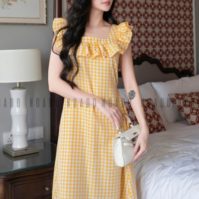 Đầm caro vàng phối cổ nhún NGADO , đầm caro , đầm kẻ , đầm dạo phố