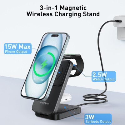 Đế sạc Choetech T611 nhanh Mag-safe 3 in 1 xếp gọn 15W (Hàng chính hãng)