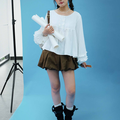 DOTTIE - Áo tay phồng phối bèo - Trắng kem - T1124