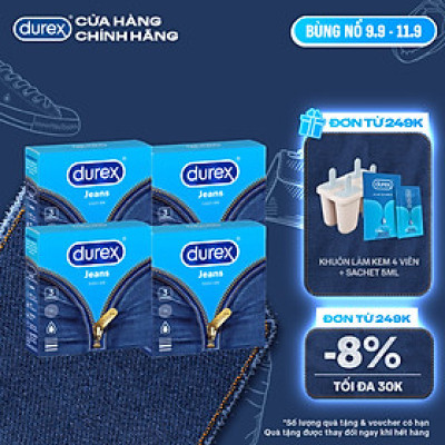 Bộ 4 hộp bao cao su Durex Jeans cơ bản (52.5mm, 3 bao/hộp)