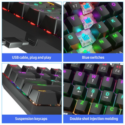 Bàn phím cơ học có dây nhỏ gọn BAJEAL với 61 phím Double Shot Keycaps 6 / N-key Rollover LED Hiệu ứng đèn nền màu xanh lam 