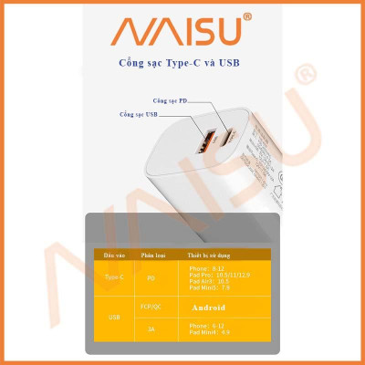 Sạc nhanh NAISU 18WA + C sạc nhanh đầy đủ giao thức 3C Bộ chuyển đổi được chứng nhận PD + QC3.0 sạc nhanh USB ID – 1815 - Hàng nhập khẩu