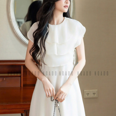 Đầm kem cổ xếp tầng NGADO , đầm xòe