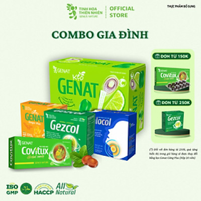 Combo Gia Đình - 5 sản phẩm kẹo Genat - Kẹo thảo mộc Covitux, Genat Gừng Plus, Genat chanh sả, viên ngậm Zalocol  và Gezcol hỗ trợ giảm ho, giảm đờm, đau rát họng