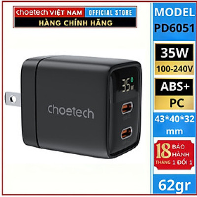 Củ sạc Choetech PD6051 nhanh 2 cổng PD 35W  (Hàng chính hãng)
