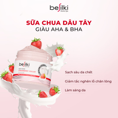 Tẩy da chết Body Sữa Chua Dâu Tây AHA BHA BESILKI 3in1 sáng mịn, ngừa mụn 170ml, 280ml