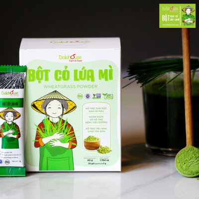 Bột cỏ lúa mì hữu cơ sấy lạnh Dalahouse - Hộp 20 gói 3gr tiện lợi - Hỗ trợ thải độc Gan và Máu, Ngăn ngừa và hỗ trợ tiểu đường, Hỗ trợ tiêu hóa, giảm táo bón