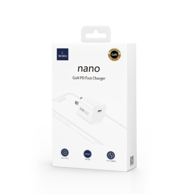 Củ sạc nhanh Wiwu Nano Gan PD Fast Charger Wi-U006 cho điện thoại, sạc nhanh 30W, có cổng sạc chân type c - Hàng chính hãng