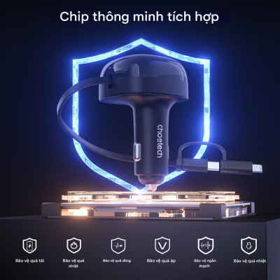 Tẩu sạc nhanh trên ô tô 75W Choetech TC0036 tích hợp cáp sạc rút Type C kèm đầu nối IP - Hàng chính hãng