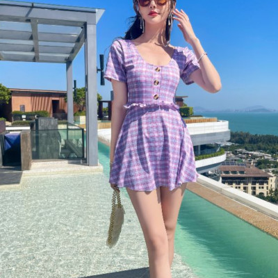 Bộ đồ bơi bikini kín đáo nữ giấu bụng đi tắm biển váy liền áo cộc - B.45