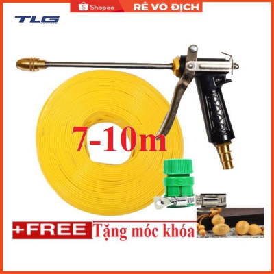 Bộ dây vòi xịt nước rửa xe, tưới cây . tăng áp 3 lần, loại 7m, 10m 206318 đầu đồng,đai,nối vàng+tặng móc khoá