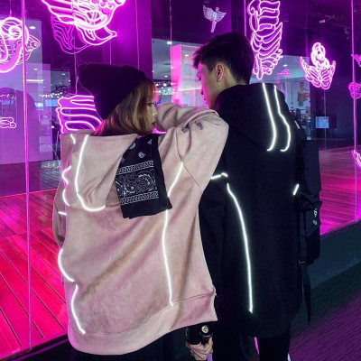 Áo Hoodie da lộn phản quang sành điệu dáng oversize cho nam nữ