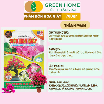 Phân Bón Hoa Giấy Greenhome, Bao 700gr, Hữu Cơ, Giúp Thân Cứng Cáp, Tạo Tán, Ra Bông Nhiều, Lâu Tàn