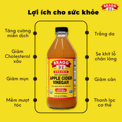 Giấm Táo Hữu Cơ Bragg Chai 473ml - Có Giấm Cái Hỗ Trợ Giảm Cân, Detox Cơ Thể, Nhập Khẩu Chính Hãng Từ Mỹ