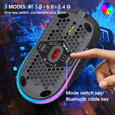 Chuột không dây ba chế độ HXSJ T90 BT 3.0 + 5.0 + 2.4G Đèn chiếu sáng RGB với DPI có thể điều chỉnh Màu đen