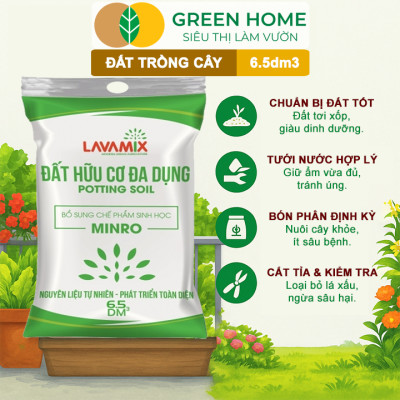 Đất Trồng Cây GreenHome, Lavamix, Bao 6.5dm3 (3kg), Đầy Đủ Dinh Dưỡng, Chuyên Trồng Rau, Hoa, Kiểng