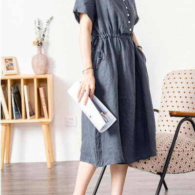  Váy sơ mi cổ V dáng suông dài basic vintage Hàn Quốc đơn giản nhẹ nhàng Haint Boutique Da173