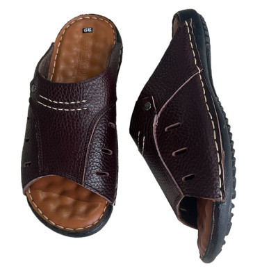 Dép da nam quai ngang may viền đế cao 2cm Trường Hải da bò thật màu nâu DN155