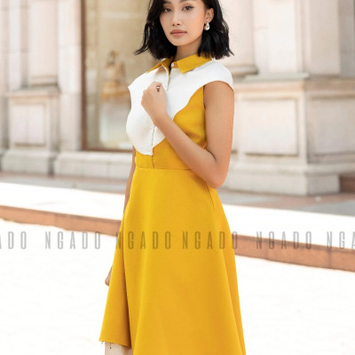 Đầm vàng tay con NGADO , đầm ngắn dự tiệc , đầm dạo phố