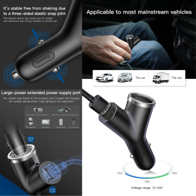 Bộ tẩu Baseus Y Type Dual USB sạc mở rộng 3 trong 1 dùng cho xe hơi 40W, 3.4A- Hàng chính hãng