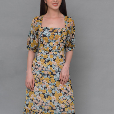 Đầm Voan Nữ Cổ Vuông, Họa Tiết Hoa Vàng Cổ Điển Maxivic, La Mộc LM62122