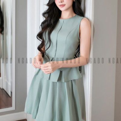 Set áo váy xanh mint xếp ly NGADO , set áo váy ngắn , set áo váy nữ , set công sở
