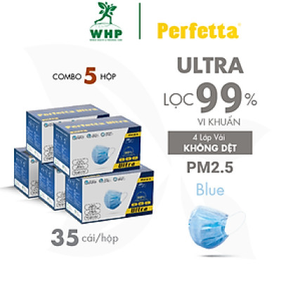 [Combo 5 HỘP - PERFETTA ULTRA] - Khẩu Trang Y Tế Chất Lượng Cao, Kháng Khuẩn, Chống Bụi Mịn PM 2.5, Màu Xanh, 4 Lớp, Bảo Vệ Tối Ưu, Đóng Gói Từng Cái - (35 cái/hộp)