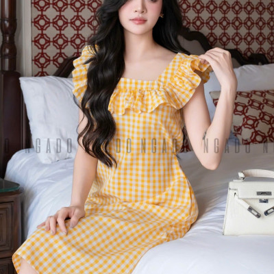 Đầm caro vàng phối cổ nhún NGADO , đầm caro , đầm kẻ , đầm dạo phố