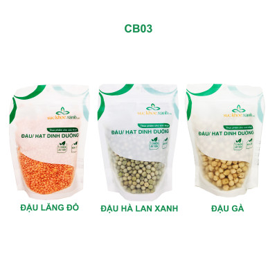 COMBO03: 1 Túi Đậu Gà trắng - 1 Túi Đậu Lăng đỏ và 1 Túi Đậu Hà lan xanh nguyên hạt, Mỗi túi 250g