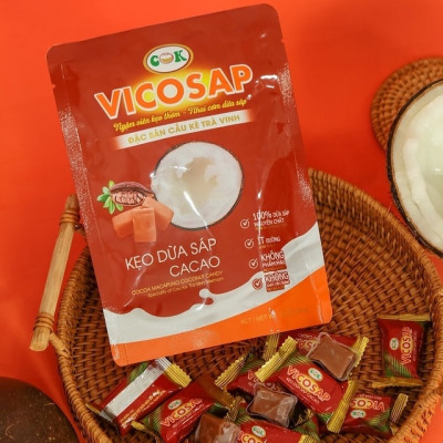Combo 3 Kẹo dừa sáp VICOSAP vị cacao lá dứa kẹo mềm dẻo ít đường đặc sản Trà Vinh túi 100g