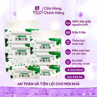 3 gói khăn giấy rút bàn TiLo 538 tờ khổ lớn 5 lớp dai mềm mịn, an toàn, siêu tiện lợi, siêu tiết kiệm
