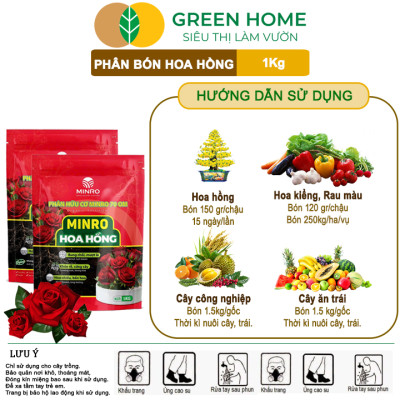 Phân Bón Hoa Hồng GreenHome, Minro, Bao 1kg, Hữu Cơ, Bung Chồi, Mượt Lá, Hoa Nhiều, Bền Hoa