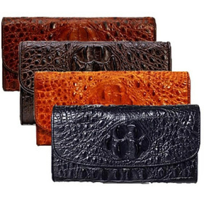 Bóp da cá sấu 3 gấp nguyên con Huy Hoàng màu vàng, đen, nâu đỏ, nâu đất HT3204-05-06-19