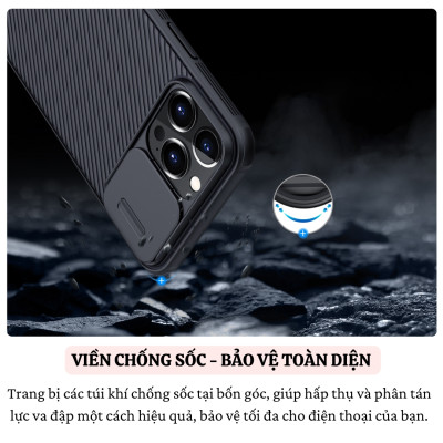 Ốp lưng cho iPhone 16 / 16 Plus / 16 Pro / 16 Pro Max hiệu Nillkin Camshield chống sốc nắp trượt bảo vệ camera - Viền TPU, đệm khí chống sốc, Lưng nhám PC chống vân tay - Hàng nhập khẩu